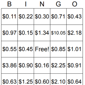 money counting bingo card